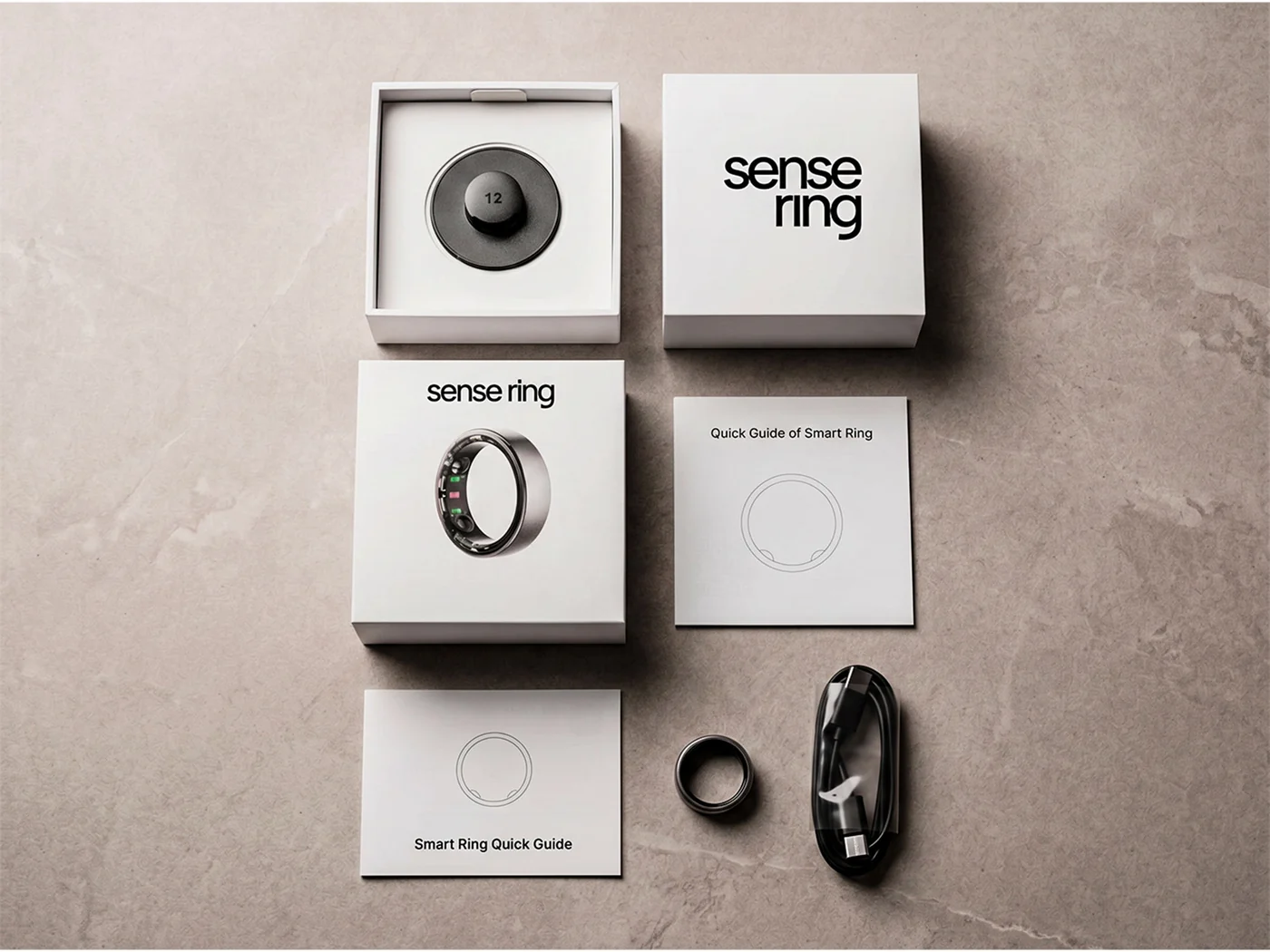 Todo lo que viene en la caja: anillo Sense, base de carga, guías y cable USB-C
